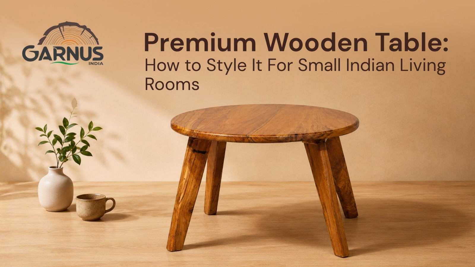Modern Indian living room with a premium teak wood coffee table and cozy seating 