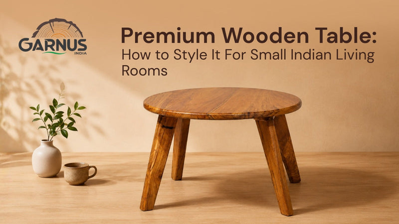 Modern Indian living room with a premium teak wood coffee table and cozy seating 