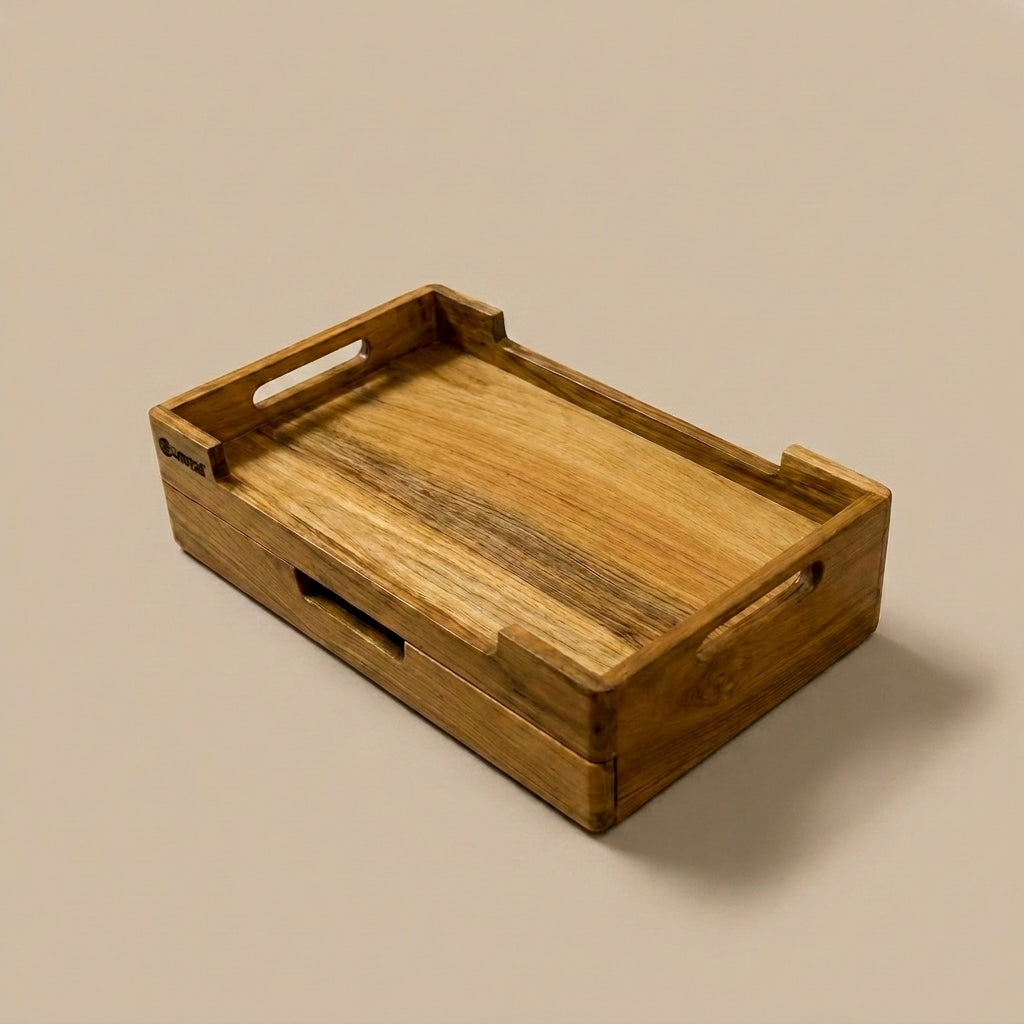 Versatile Teak Wood Storage Tray with Three Drawers