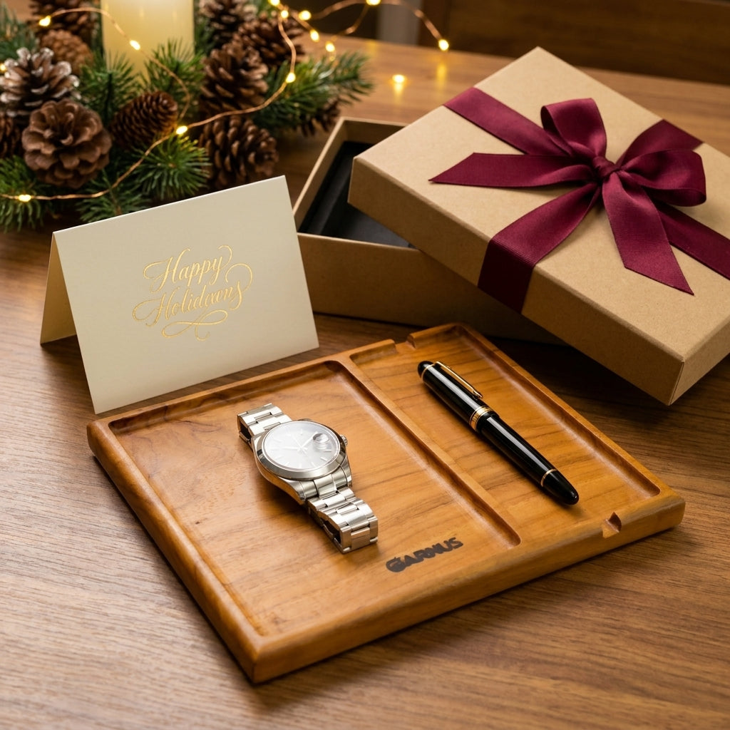 Two Compartment Teak Wood Table Organizer Tray