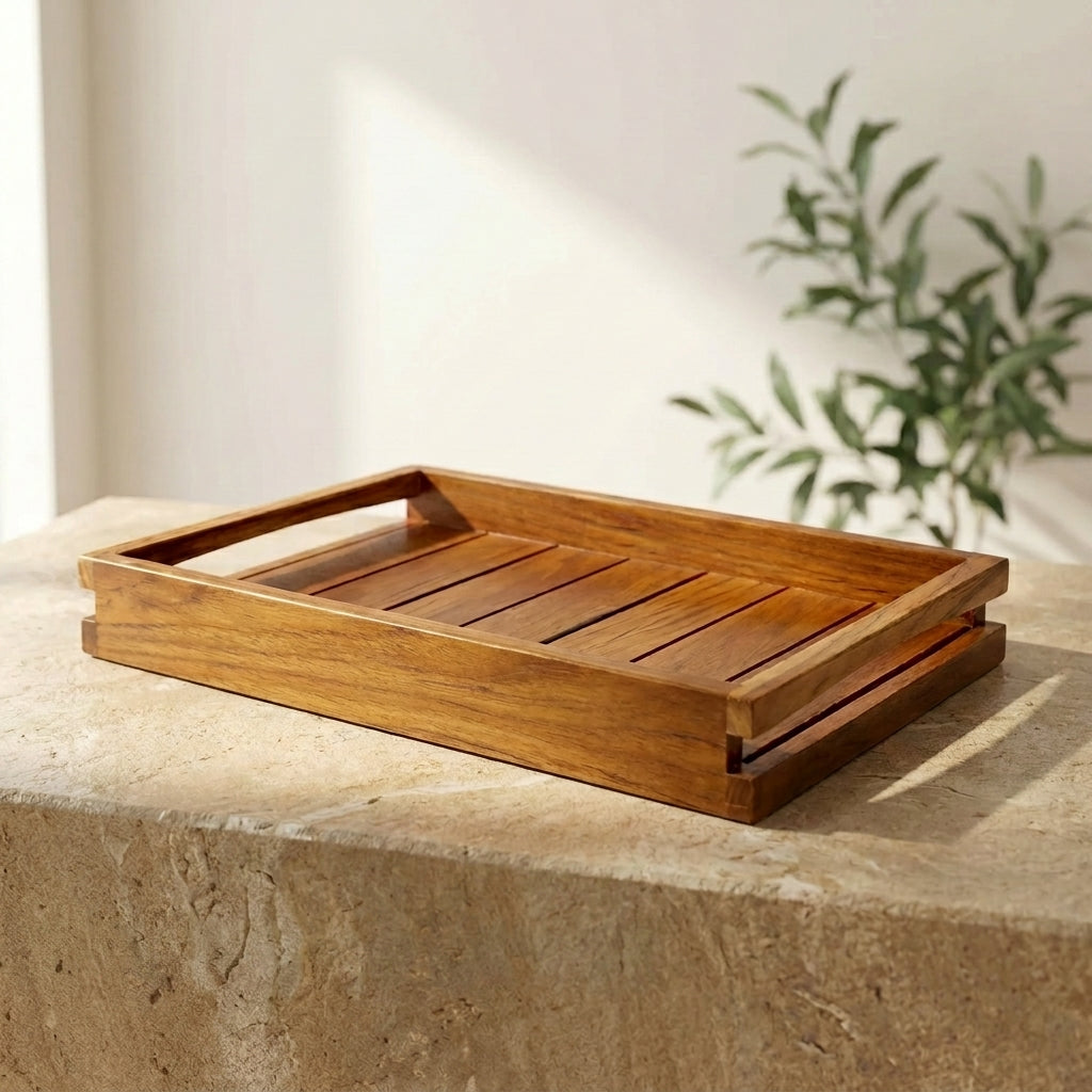 Premium Teak Wood Serving Tray with Built-in Handles