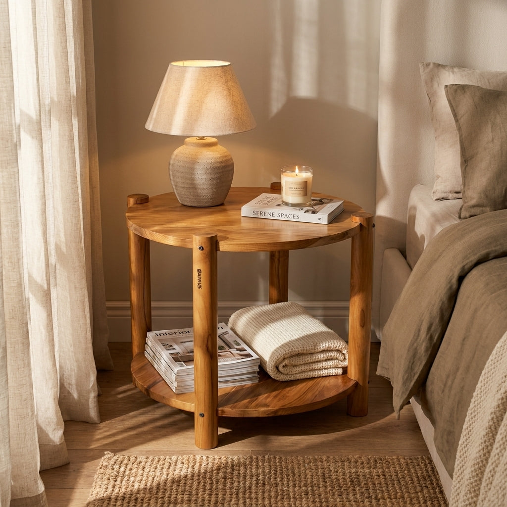 Round Teak Wood Storage Base Coffee Table