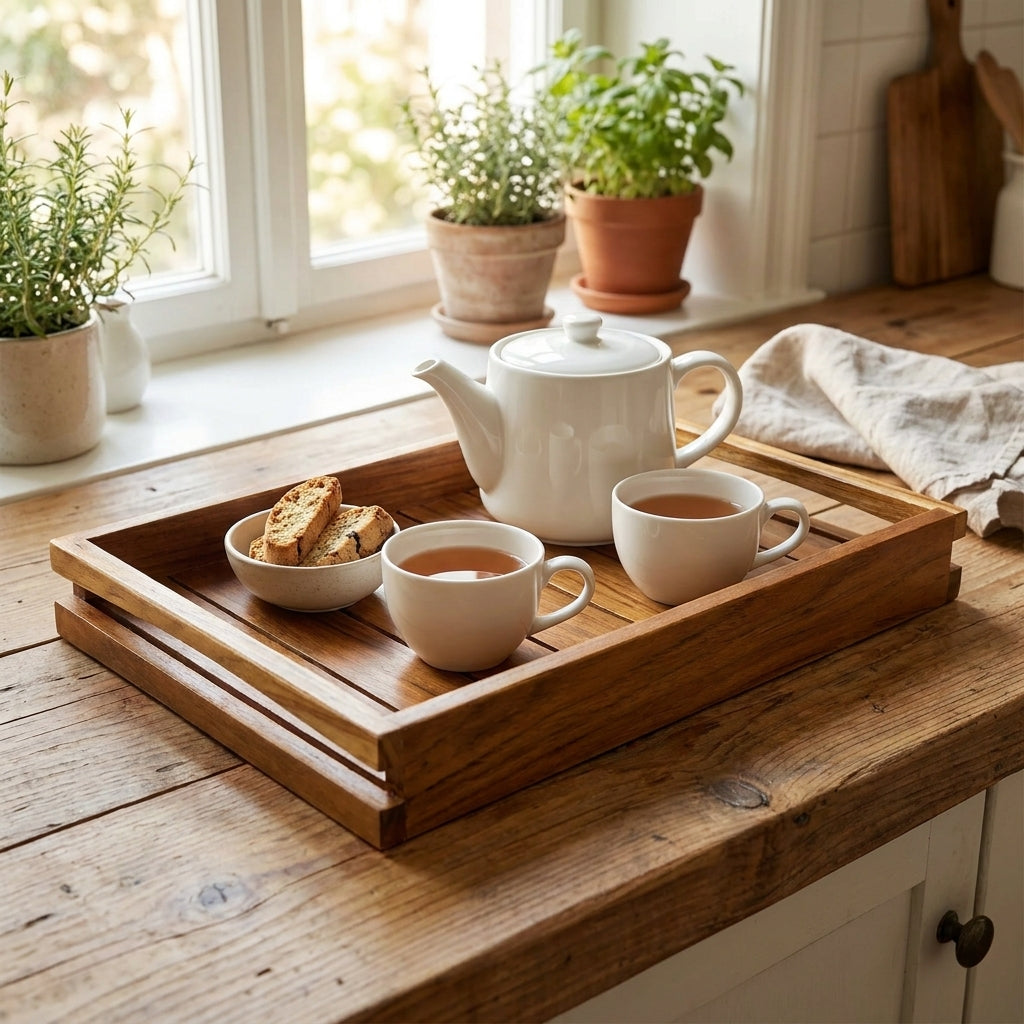 Premium Teak Wood Serving Tray with Built-in Handles