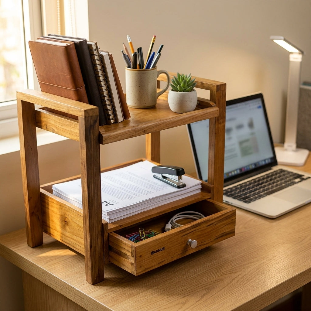 Premium Teak Wood Shelf Organizer with Drawer