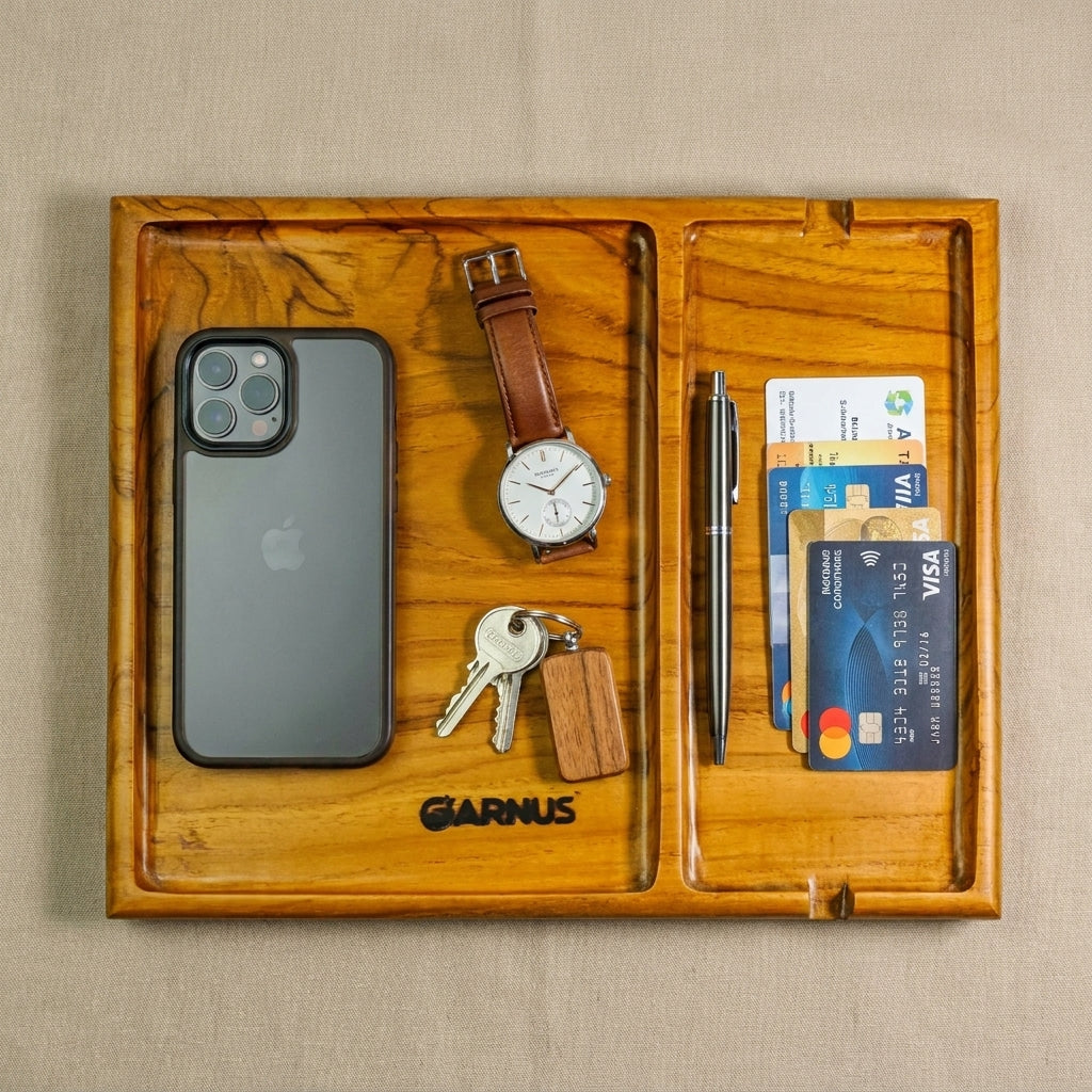 Two Compartment Teak Wood Table Organizer Tray