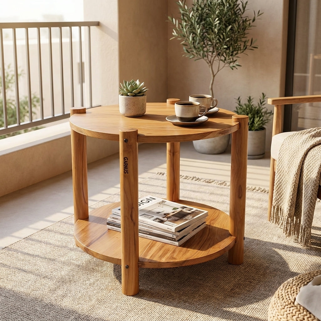 Round Teak Wood Storage Base Coffee Table