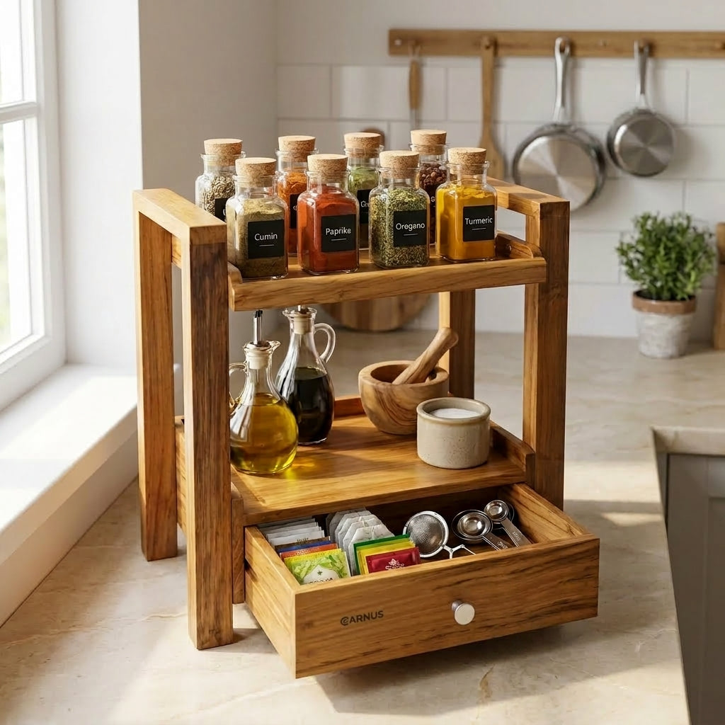Premium Teak Wood Shelf Organizer with Drawer