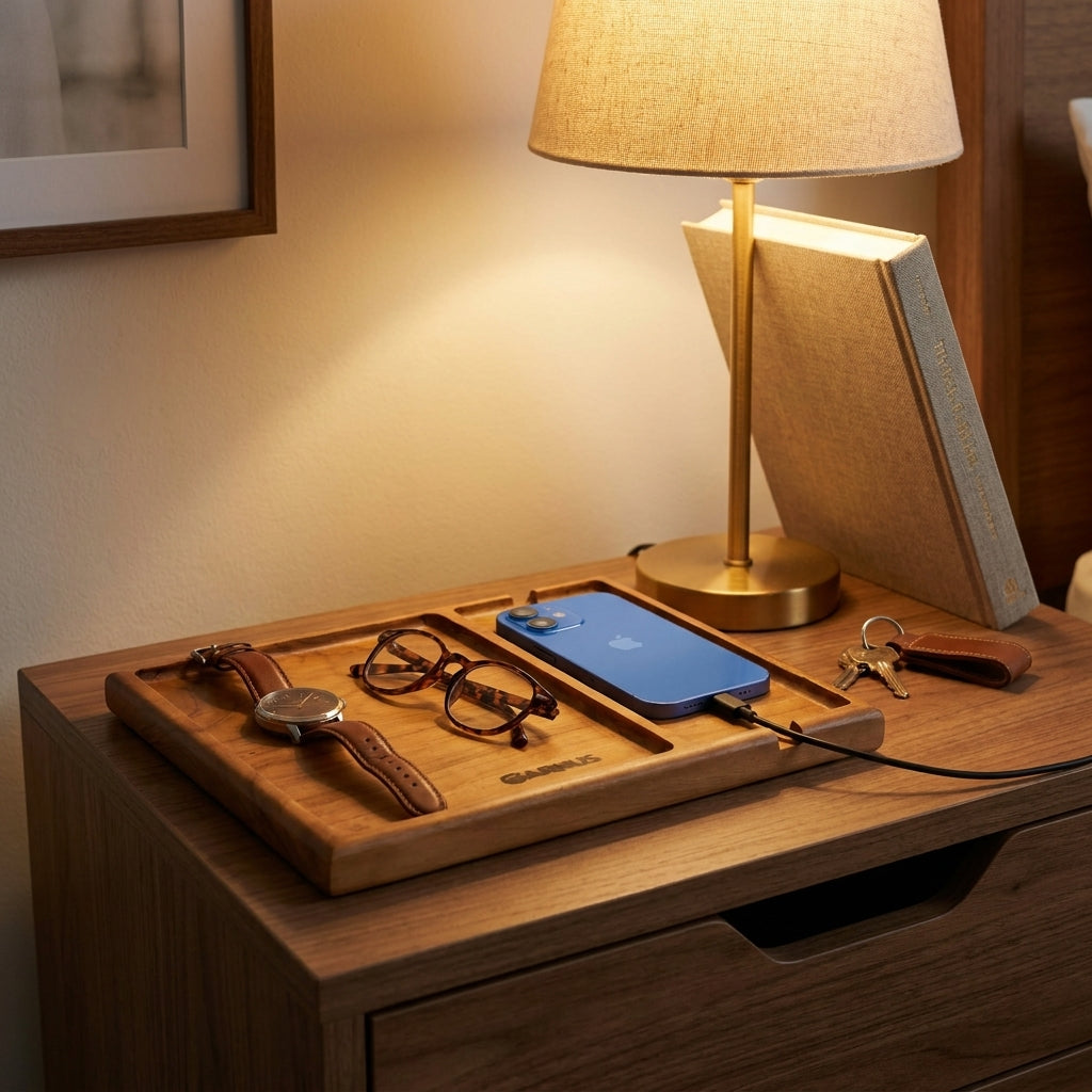 Two Compartment Teak Wood Table Organizer Tray