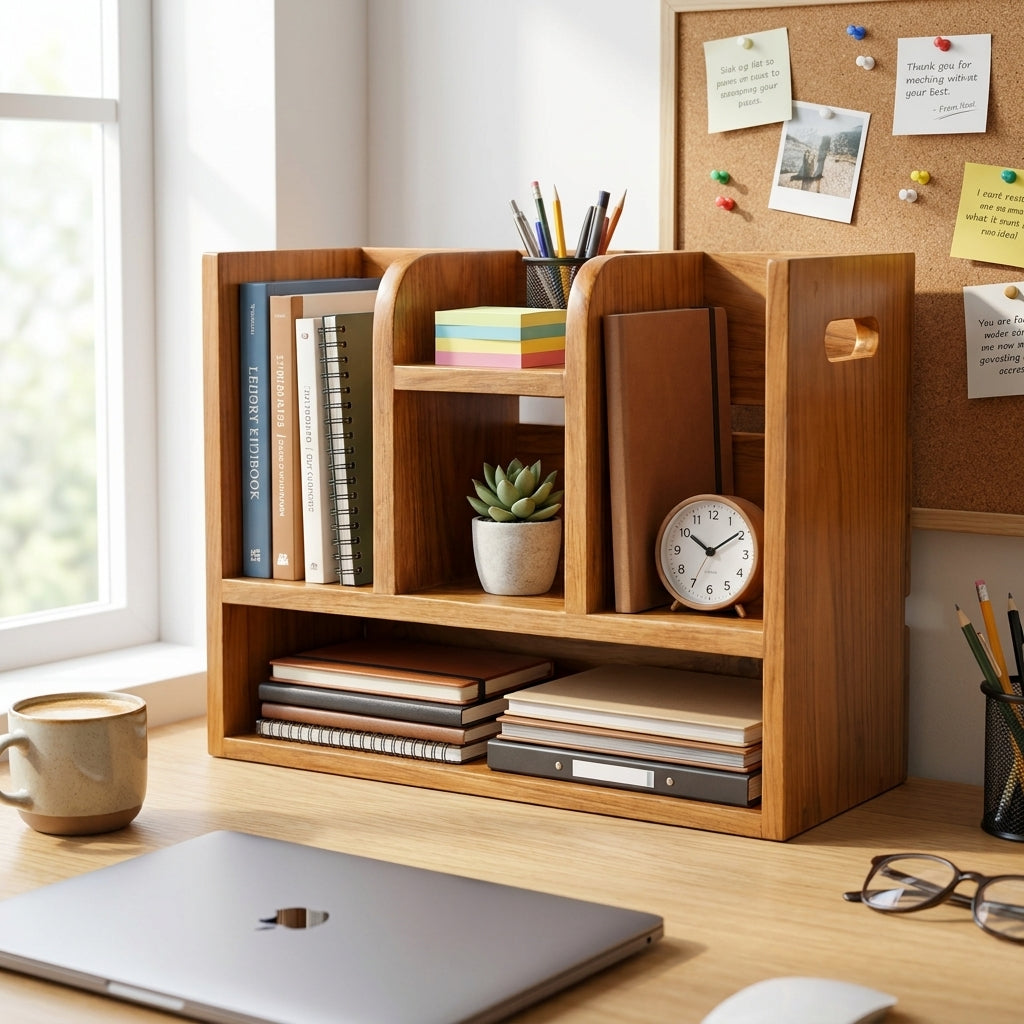 Teak Wood Book Organizer Shelf