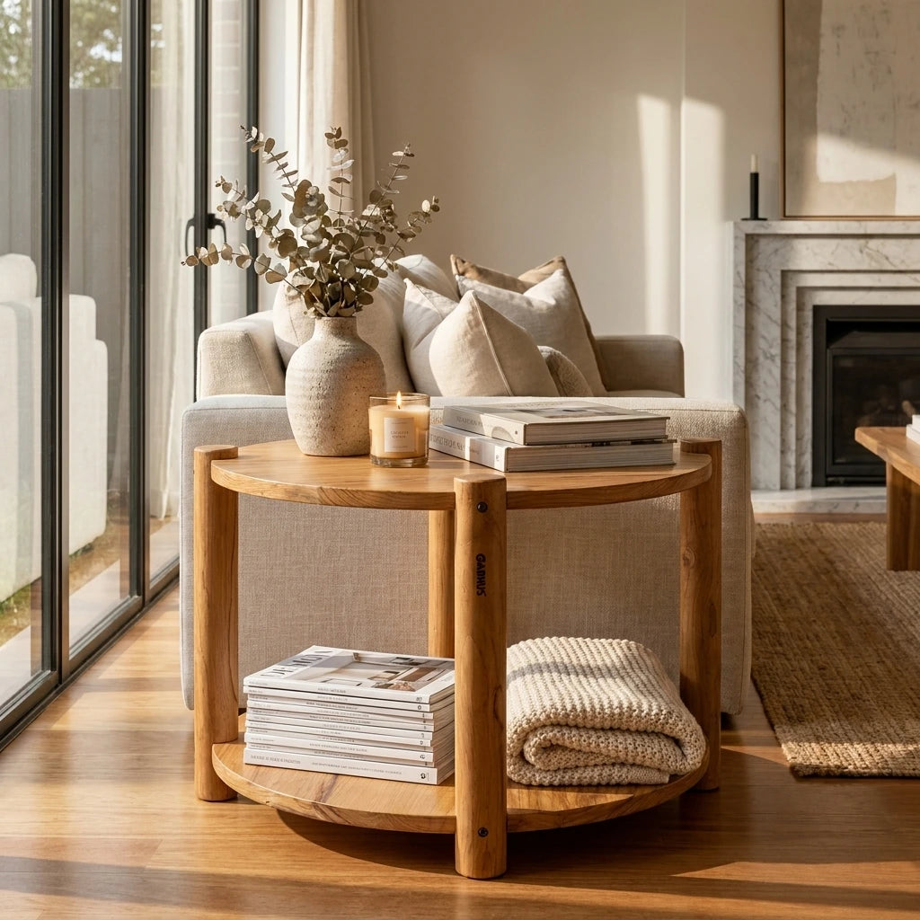 Round Teak Wood Storage Base Coffee Table