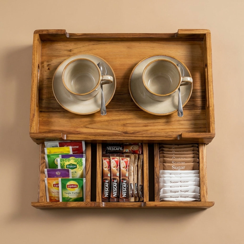 Versatile Teak Wood Storage Tray with Three Drawers