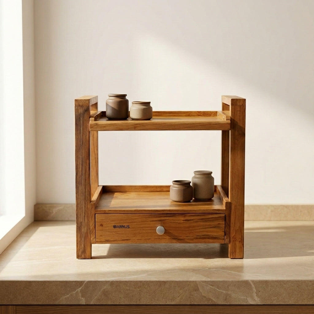 Premium Teak Wood Shelf Organizer with Drawer