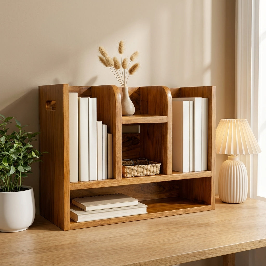 Teak Wood Book Organizer Shelf