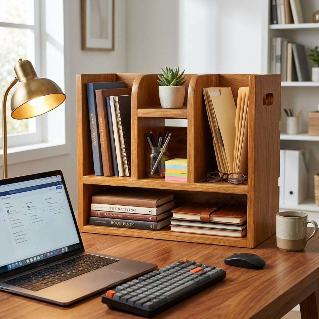 Teak Wood Book Organizer Shelf