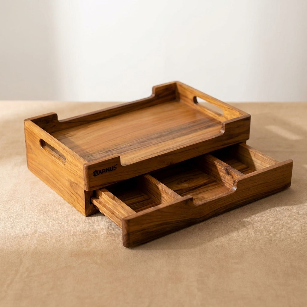 Versatile Teak Wood Storage Tray with Three Drawers