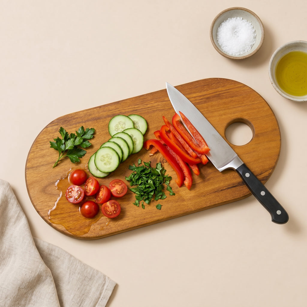 Round Teak Wood Chopping Board with Holder