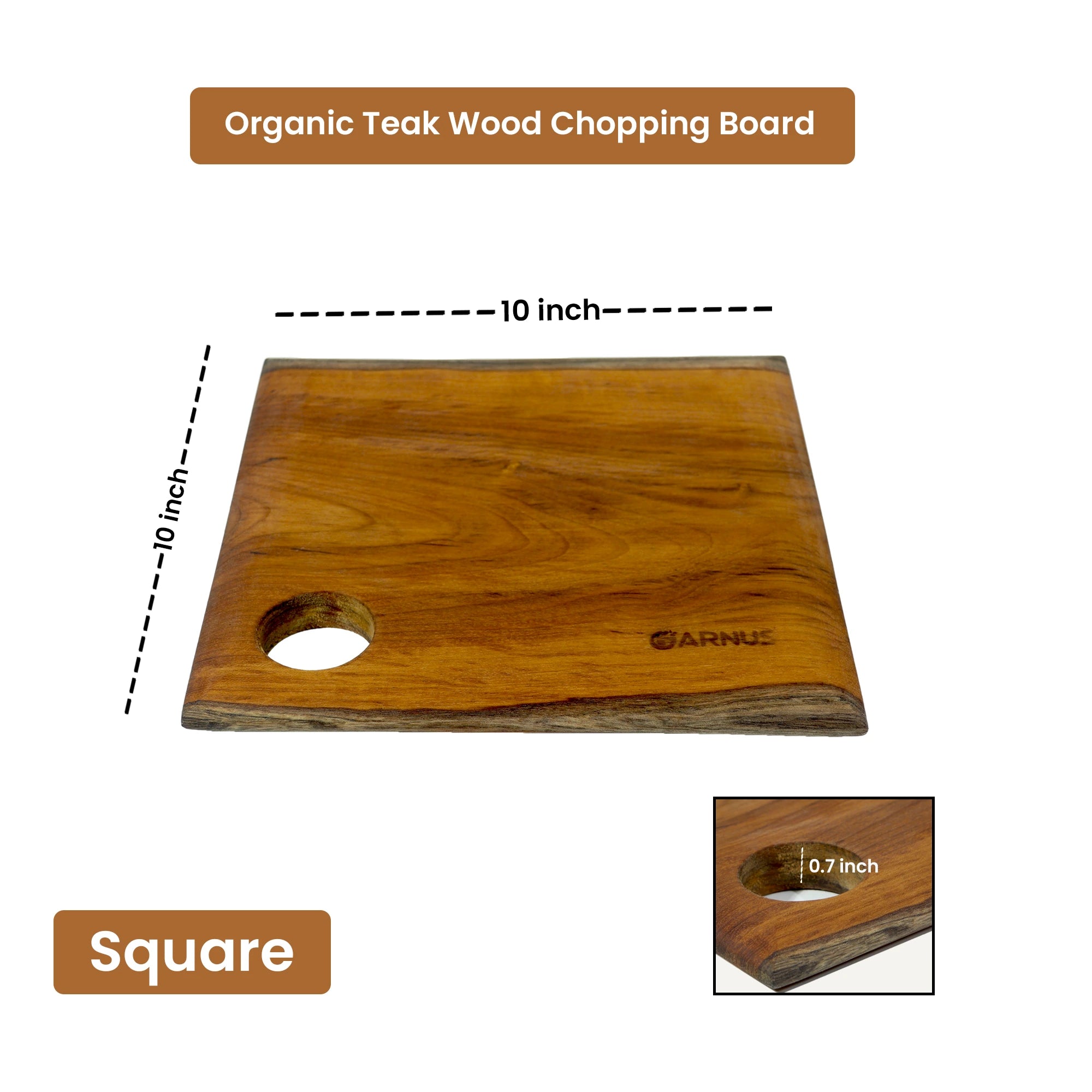 Organic teak wood chopping board - small with dimensions and brand name on a white background