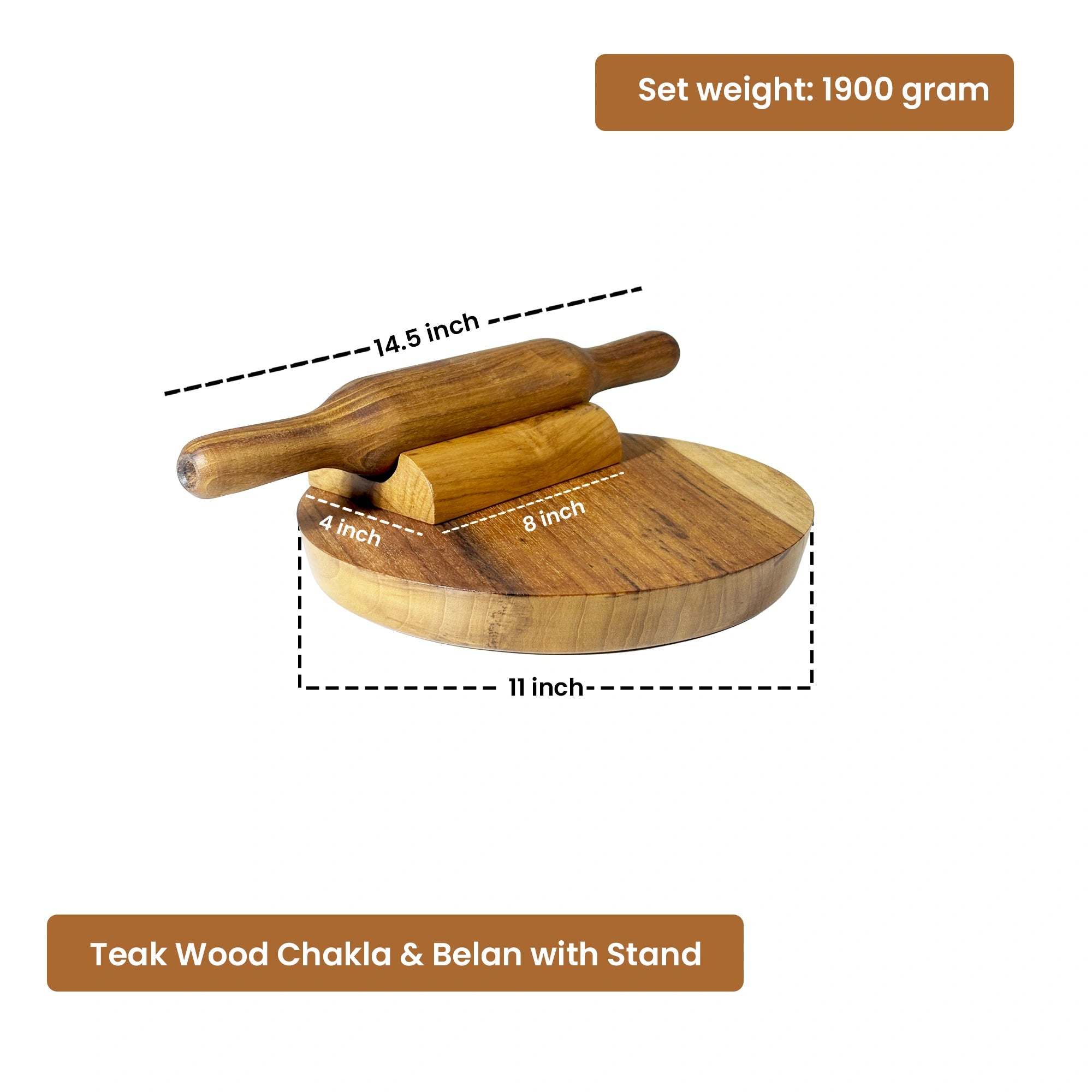 Teak wood chakla and belan set with stand, showing dimensions and weight on a white background.