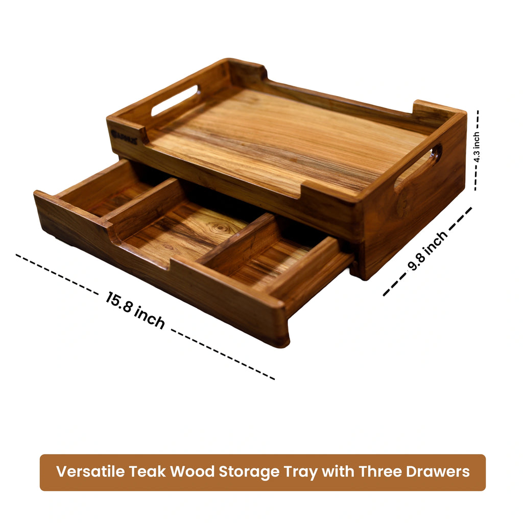 Wooden storage tray with three drawers and dimensions on a white background