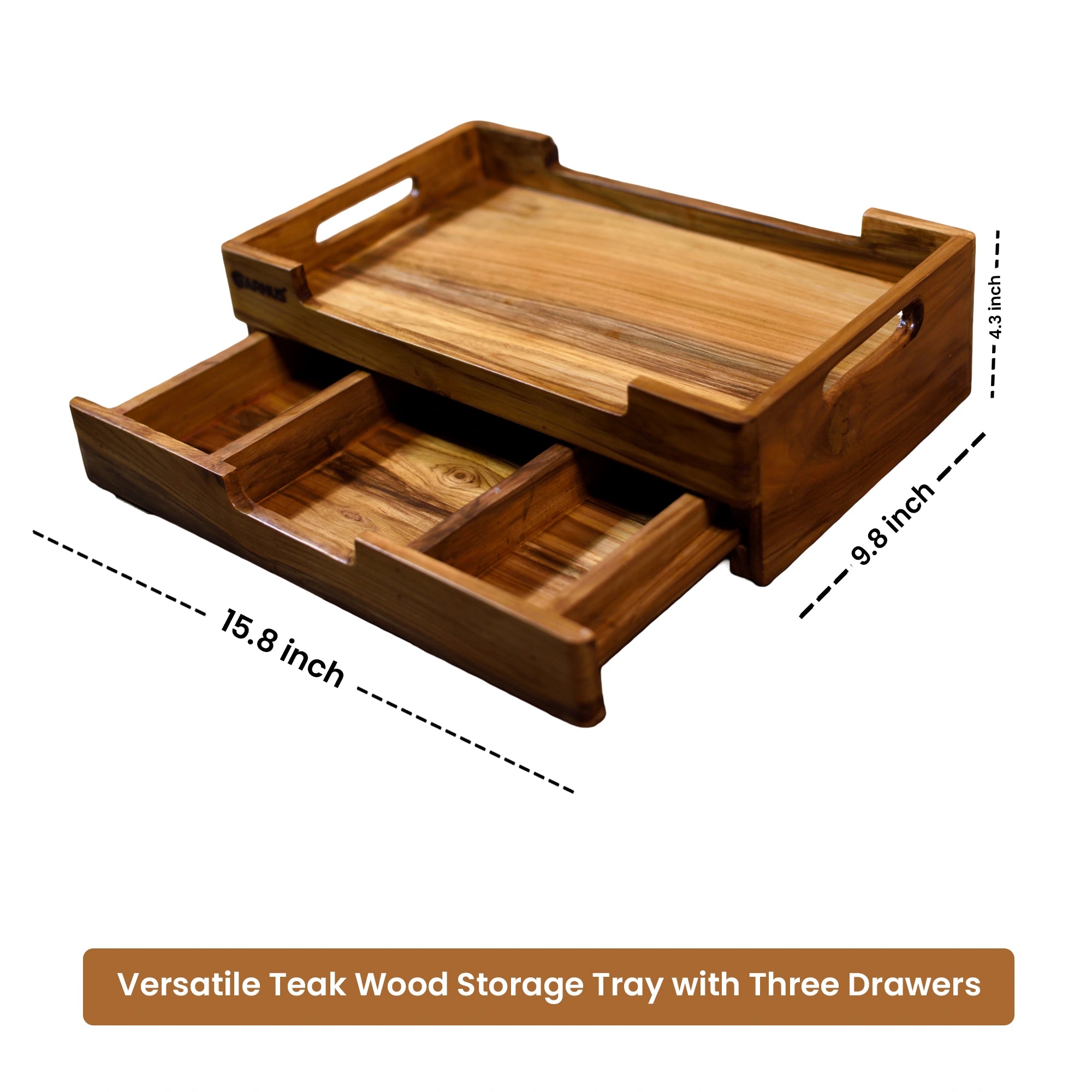 Wooden storage tray with three drawers and dimensions on a white background