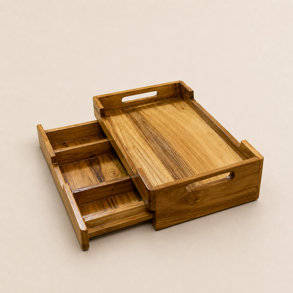 Versatile Teak Wood Storage Tray with Three Drawers