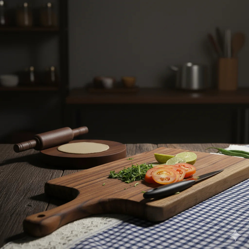 Wooden cutting board with sliced tomatoes, limes, and herbs on a checkered tablecloth in a kitchen setting.