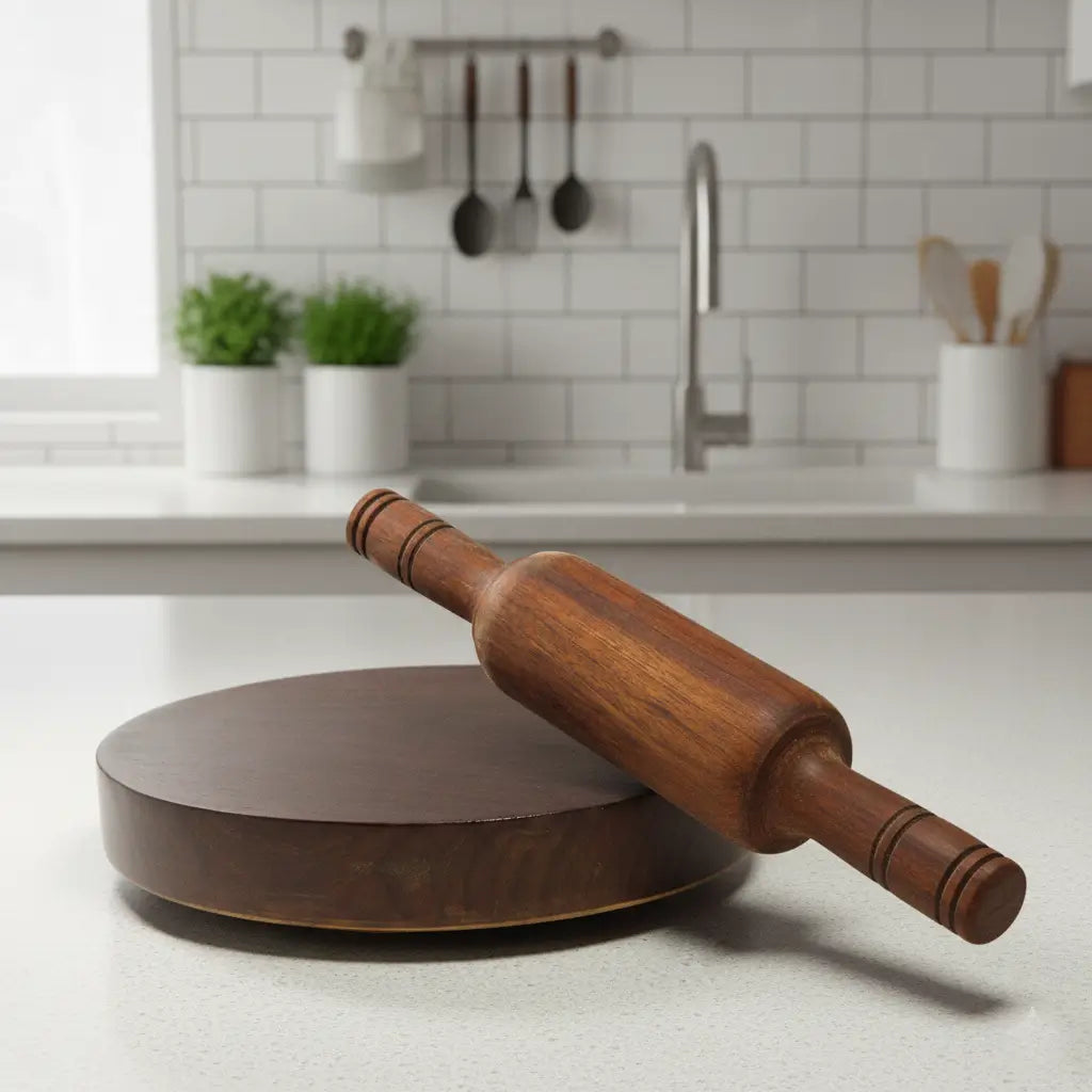 Wooden rolling pin on a kitchen counter with a blurred background